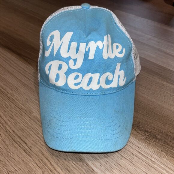 Vtg 70s-80s Light Blue & White Snapback Mesh Trucker Hat Myrtle Beach - Picture 1 of 6